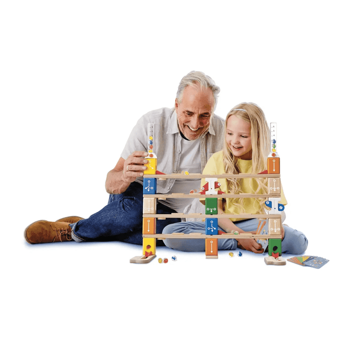 Dad-And-Daughter-Playing-With-Hape-Quadrilla-Marble-Run-Basic-Coding-Set-Naked-Baby-Eco-Boutique