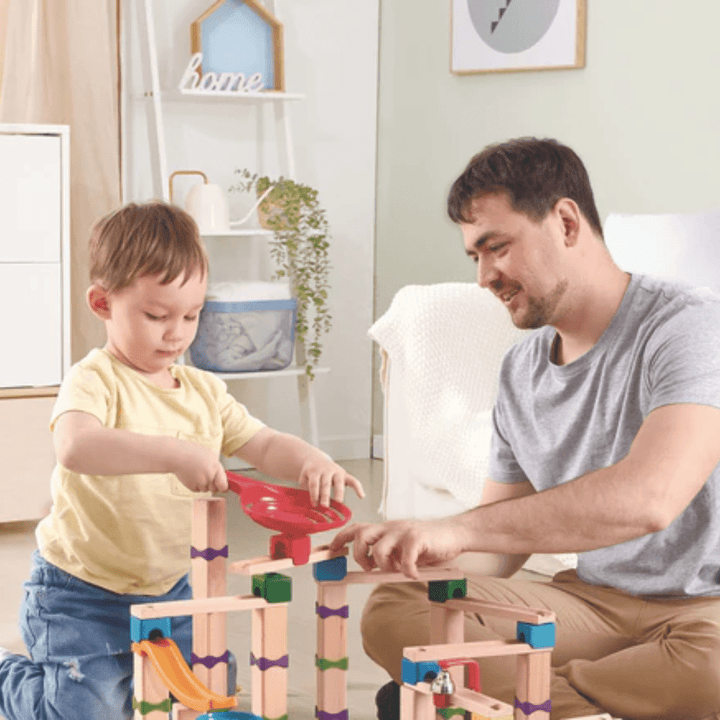 Dad-And-Son-Building-With-Hape-Marble-Casscade-Block-Set-Naked-Baby-Eco-Boutique