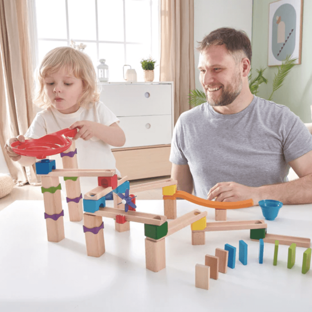 Dad-And-Son-Playing-Together-With-Hape-Marble-Rally-Block-Set-Naked-Baby-Eco-Boutique