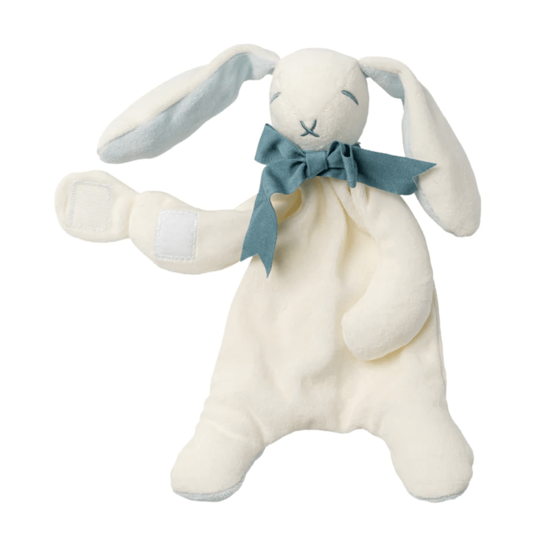 A Maud N Lil white bunny stuffed animal with a blue bow, made from organic cotton.
