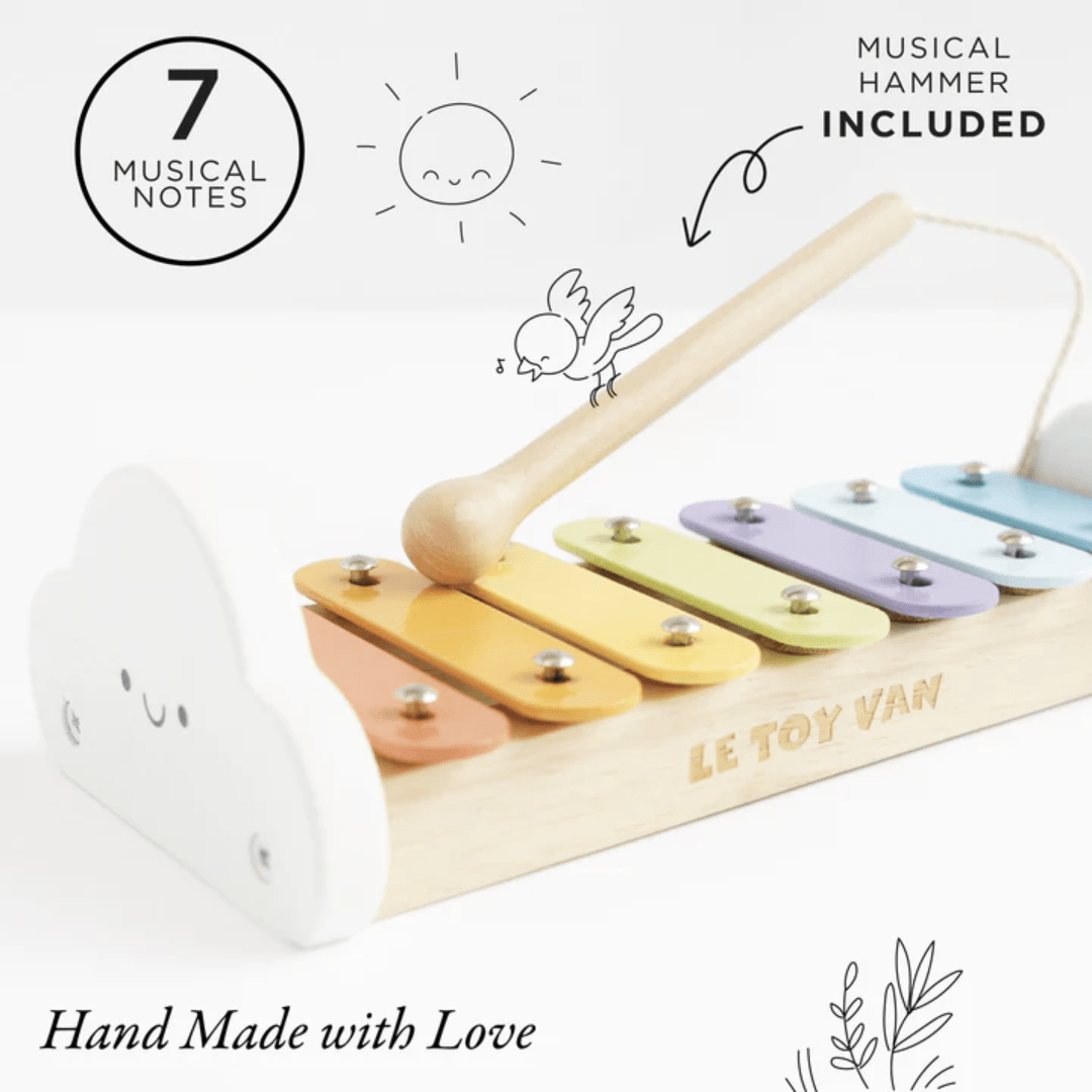 The Le Toy Van Xylophone with Metal Notes is an eco-friendly toy constructed from high-quality wood. With its intricate hand-made design and the heartfelt words "hand made with love" engraved on it, the Le Toy Van Xylophone with Metal Notes