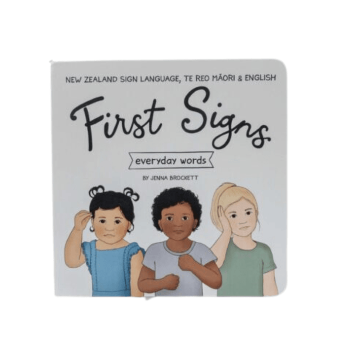 Everyday words communicated through signs in the "First Signs: Everyday Words" board book by Jenna Brockett.