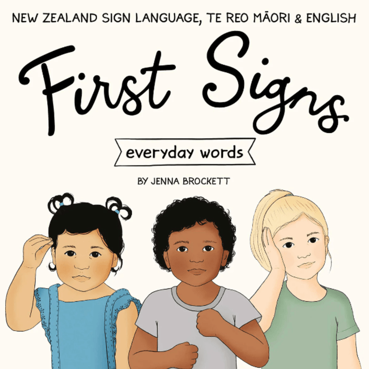Jenna Brockett's 'First Signs: Everyday Words' Board Book with signs for everyday communication words.