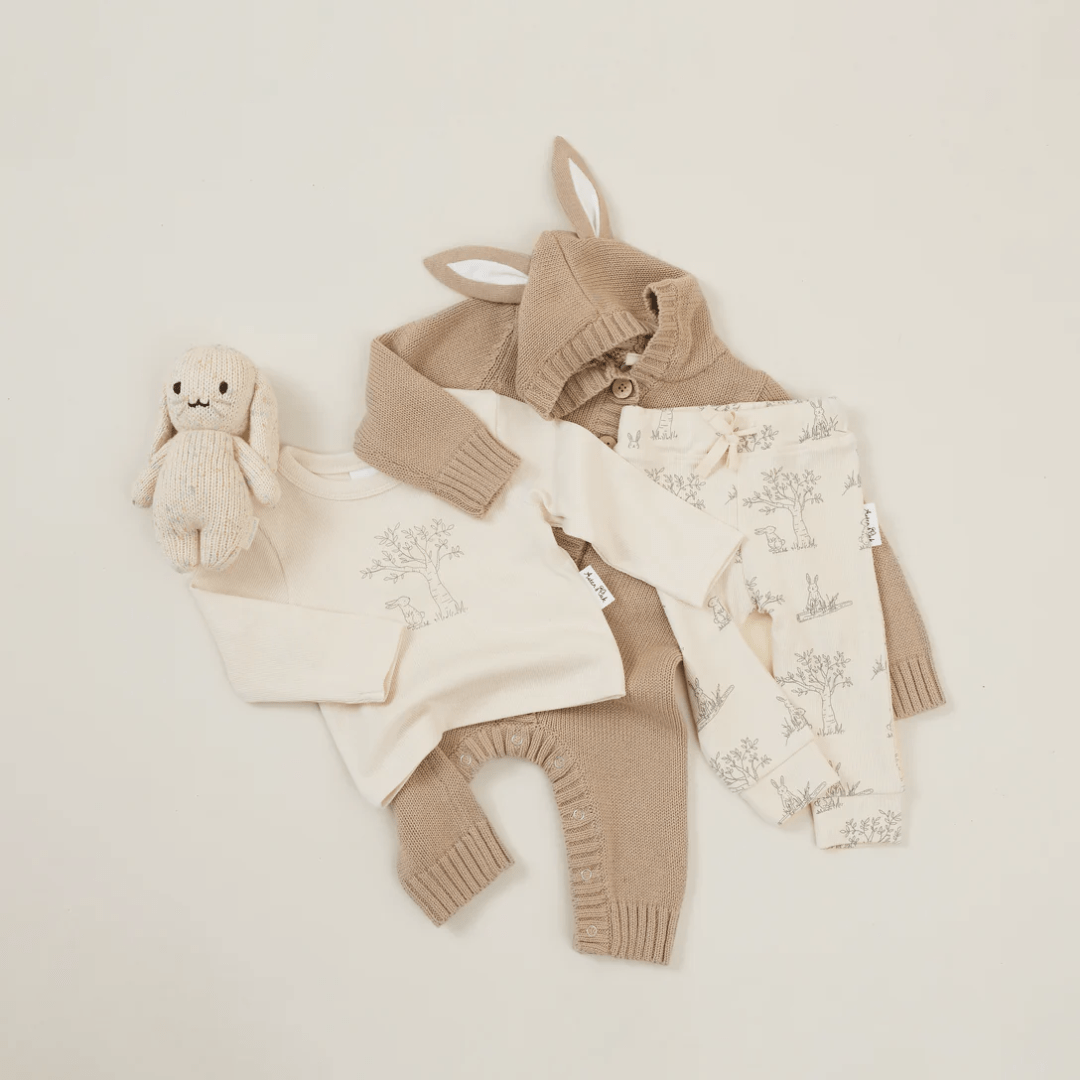 Flat-Lay-Of-Coordanating-Pieces-With-Aster-And-Oak-Organic-Bunny-Knit-Romper-Taupe-Naked-Baby-Eco-Boutique