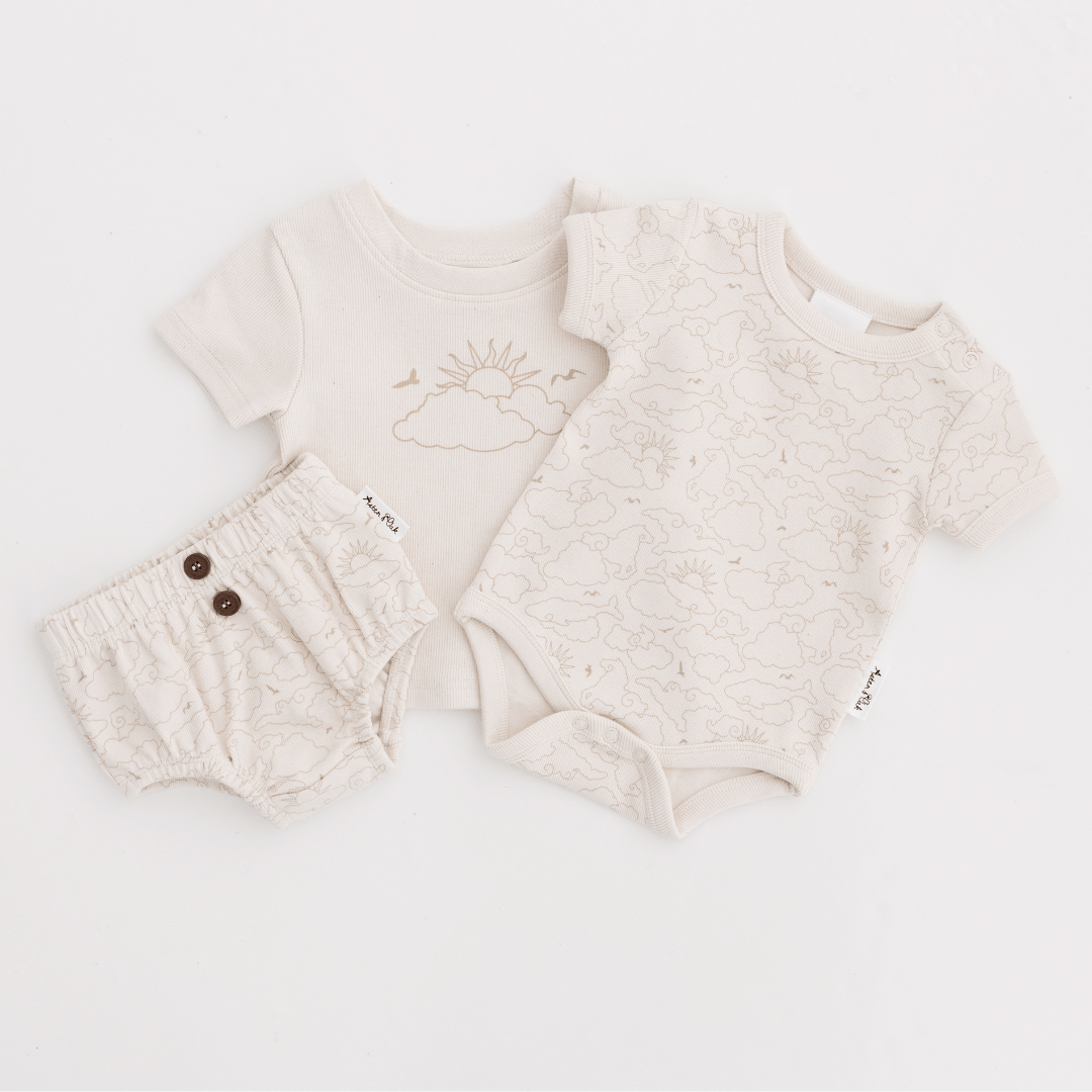 Flatlay-Of-Aster-And-Oak-Organic-Cotton-Rib-Shorts-Cloud-Chaser-Naked-Baby-Eco-Boutique