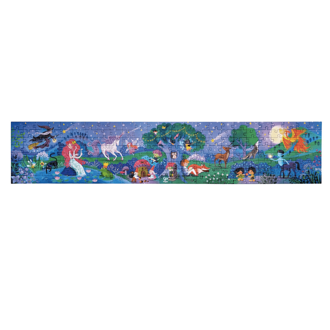 Hape 200-Piece Glowing Puzzle (Multiple Variants), a panoramic jigsaw puzzle featuring a night scene with animals and people.