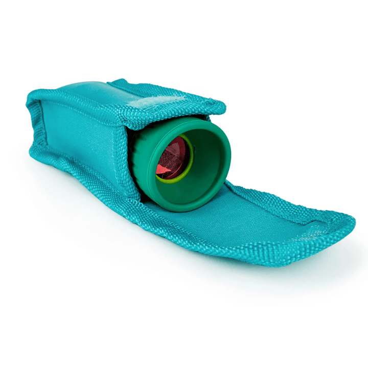 An eco-friendly teal colored pouch with the Hape Adjustable Telescope inside.