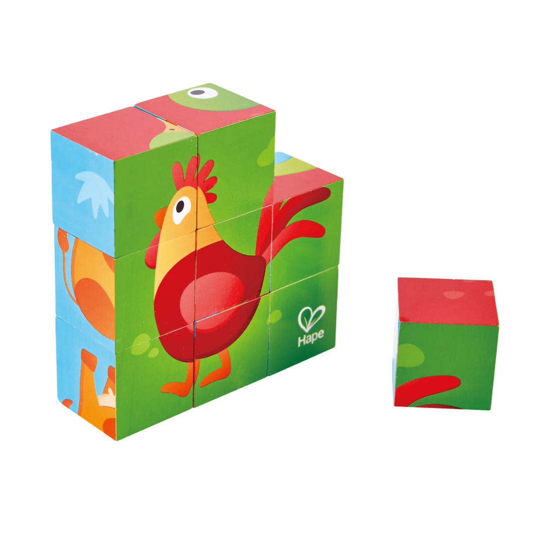 A colorful Hape Animal Block Puzzle with a rooster on it, perfect for kids who love farm animals and jungle animals.