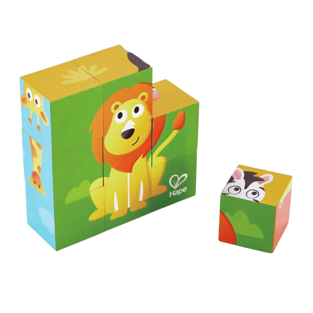 A wooden wonder cube featuring farm animals and jungle animals, designed as the Hape Animal Block Puzzle (Multiple Variants) for kids.