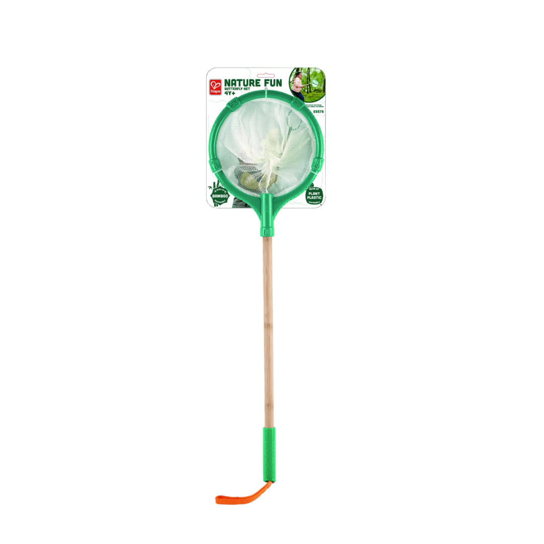 A sustainable Hape butterfly net with a lightweight wooden handle.
