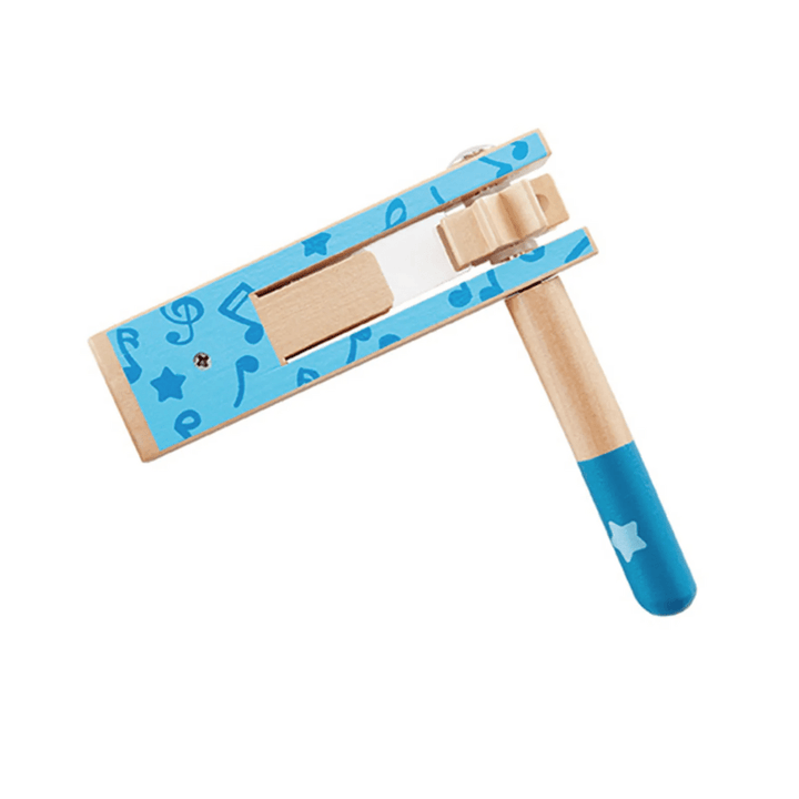 A blue and white wooden toy inspired by Hape Cheer a Long Noisemakers.