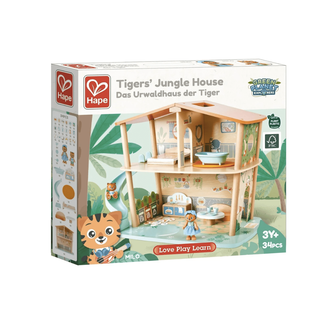 The Hape Green Planet Tigers' Jungle House by Hape is an eco-friendly dwelling that can be found inside a box.