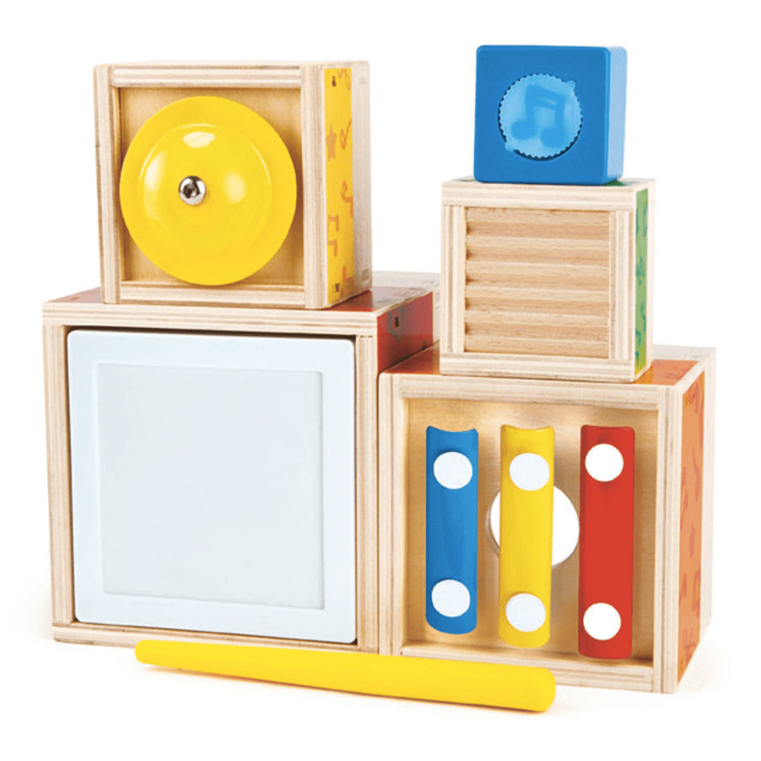 The Hape Stacking Music Set, made by Hape, is a collection of children's musical instruments, including a drum, cymbals, and a tambourine. This musical stacking blocks set is made of