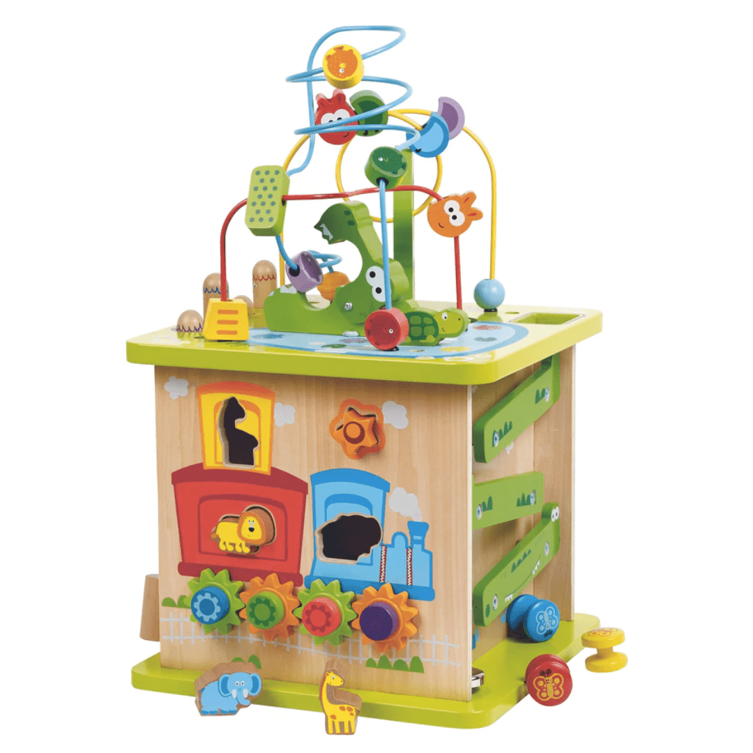 The Hape Wildlife Safari Adventure Centre by Hape is a versatile toy that can grow with your child as they continue to develop new skills and interests. This wooden toy box features animals and toys inside, ensuring