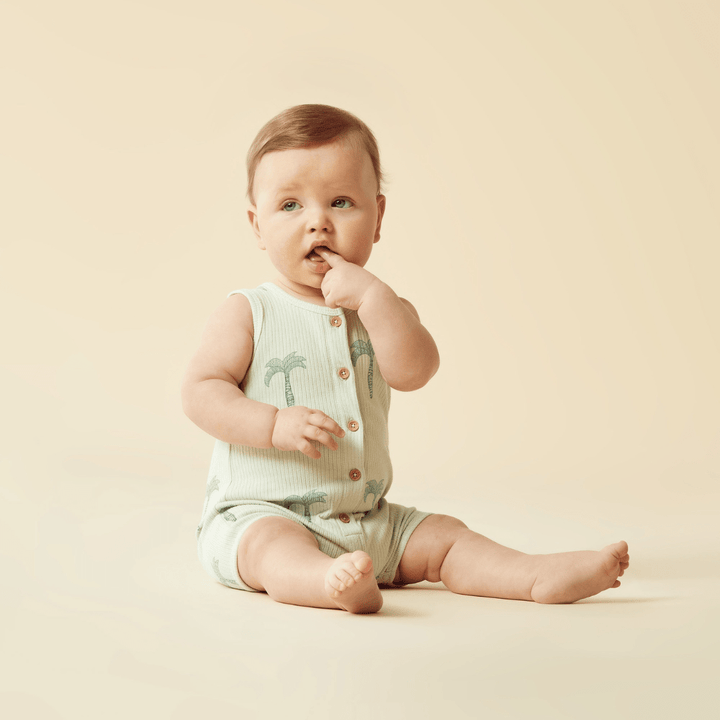 A baby is sitting on a beige background wearing the Wilson & Frenchy Organic Rib Henley Growsuit - LUCKY LAST - FALLING LEAF - 6-12 MONTHS ONLY, with a toothpick in his mouth.