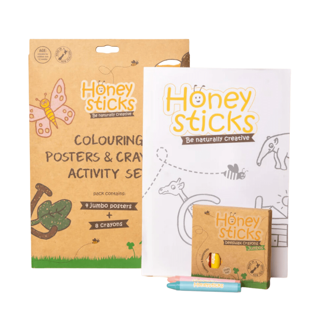 Honeysticks Jumbo Poster & Crayon Activity Set featuring pure beeswax crayons for creativity.