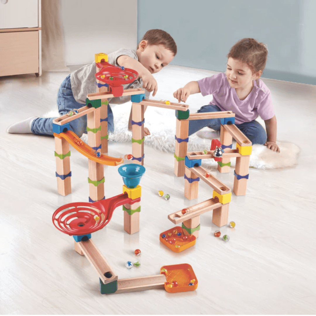 Kids-Playing-Together-Racing-Marbles-Down-On-Hape-Marble-Casscade-Block-Set-Naked-Baby-Eco-Boutique