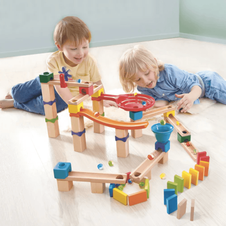 Kids-Playing-Together-With-Hape-Marble-Rally-Block-Set-Naked-Baby-Eco-Boutique