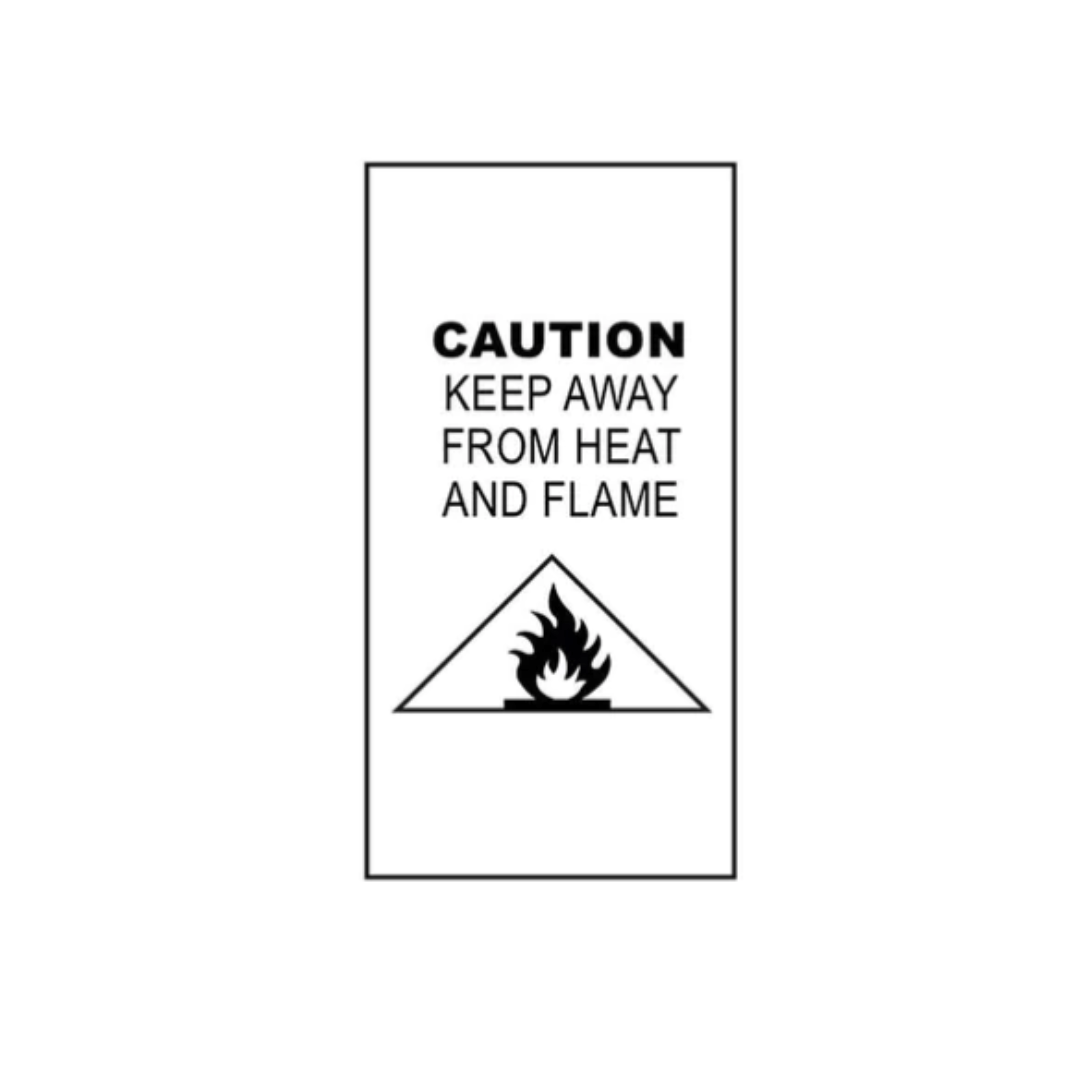 Warning sign indicating a flammable material, advising to keep away from heat and flame. Material is not Wilson & Frenchy Organic Waffle Ruffle Zipsuit, used in products like baby pajamas.