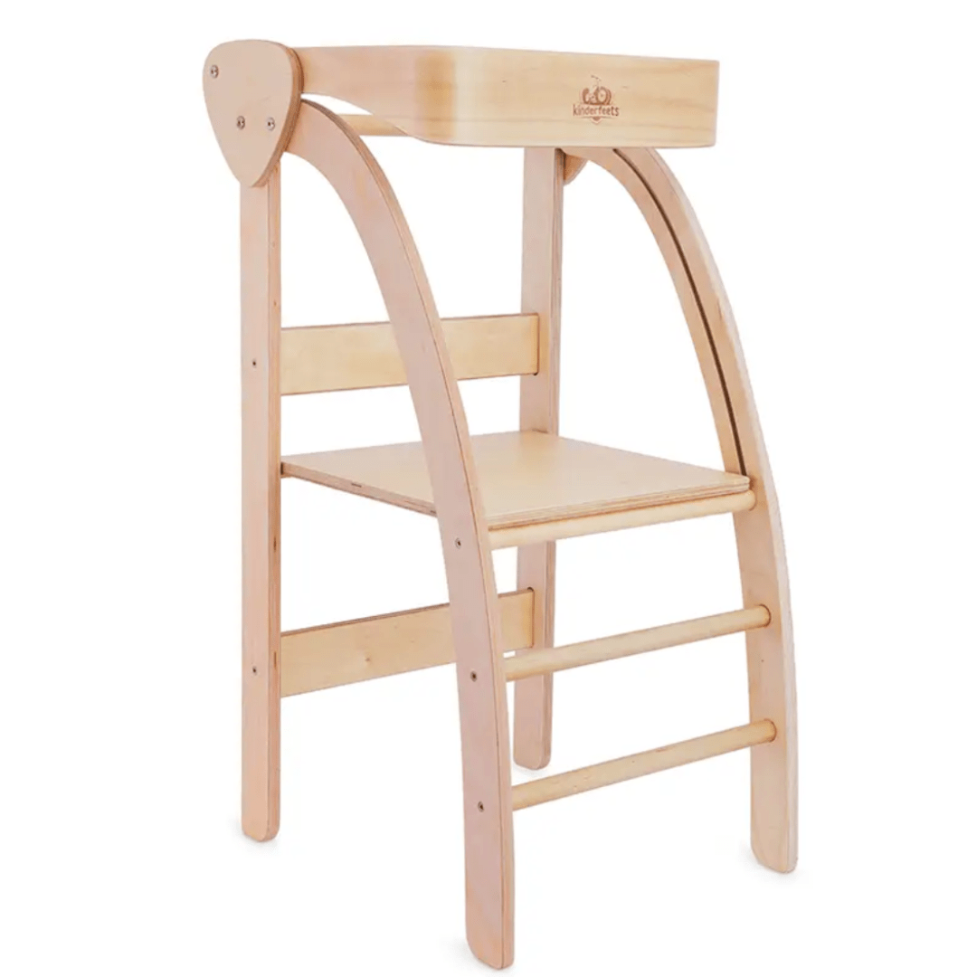 The Kinderfeets Pikler Observation Tower, a versatile wooden high chair branded by Kinderfeets, is perfect for imaginative play. With its wooden seat, this specific Kinderfeets Pikler Observation Tower combines both style and functionality.