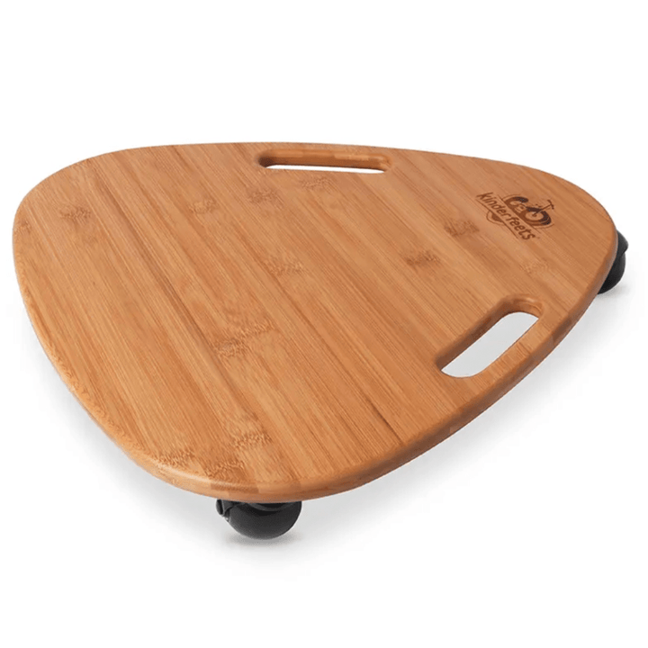 The Kinderfeets Tummy Glider, made from sustainable bamboo, is a versatile cutting board with wheels that allows for easy movement on any surface. Its white background adds a touch of elegance.