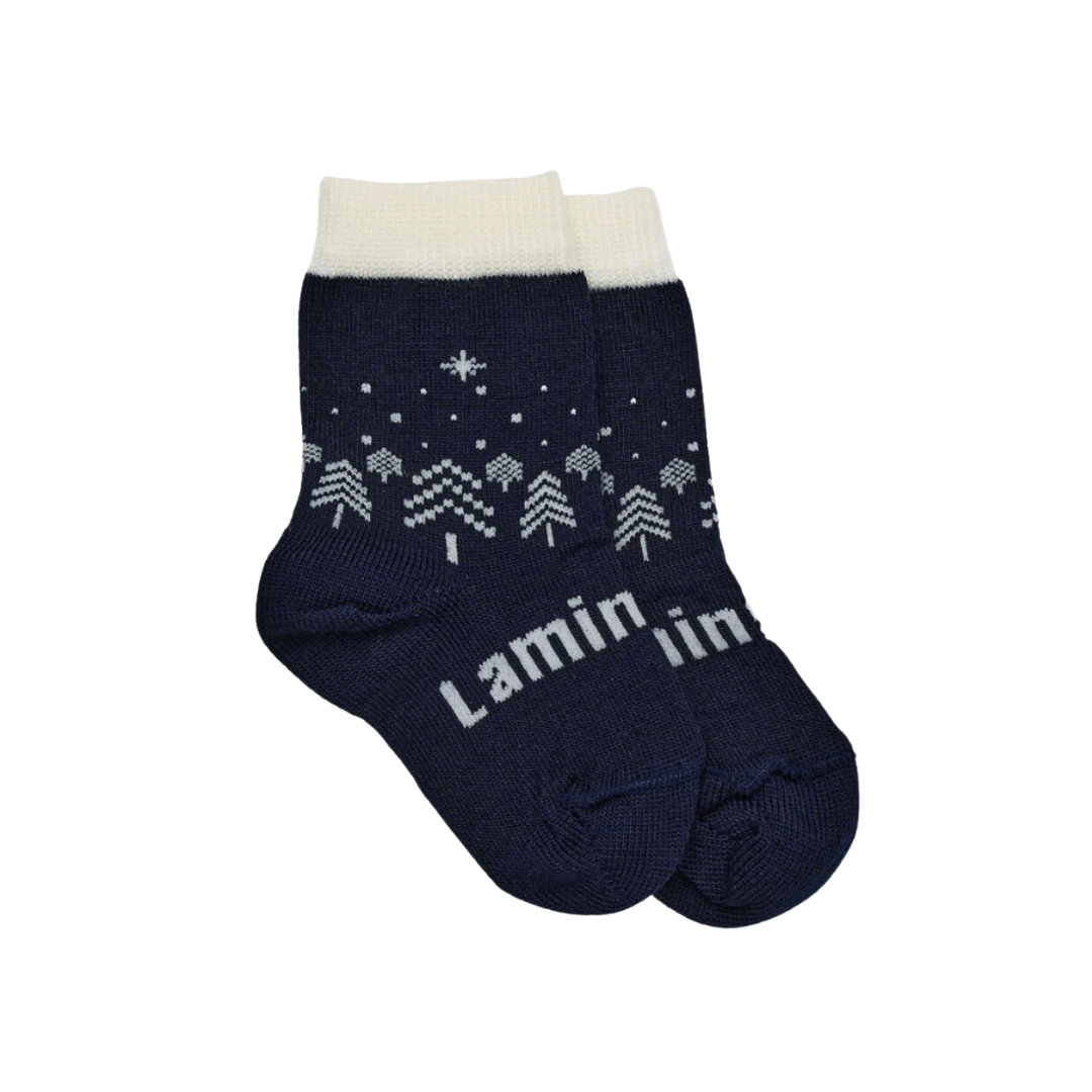 A pair of cool-as Lamington Merino Wool Christmas Socks - Crew - Comet - LUCKY LAST - 4-6 YEARS with the word laminin on them.
