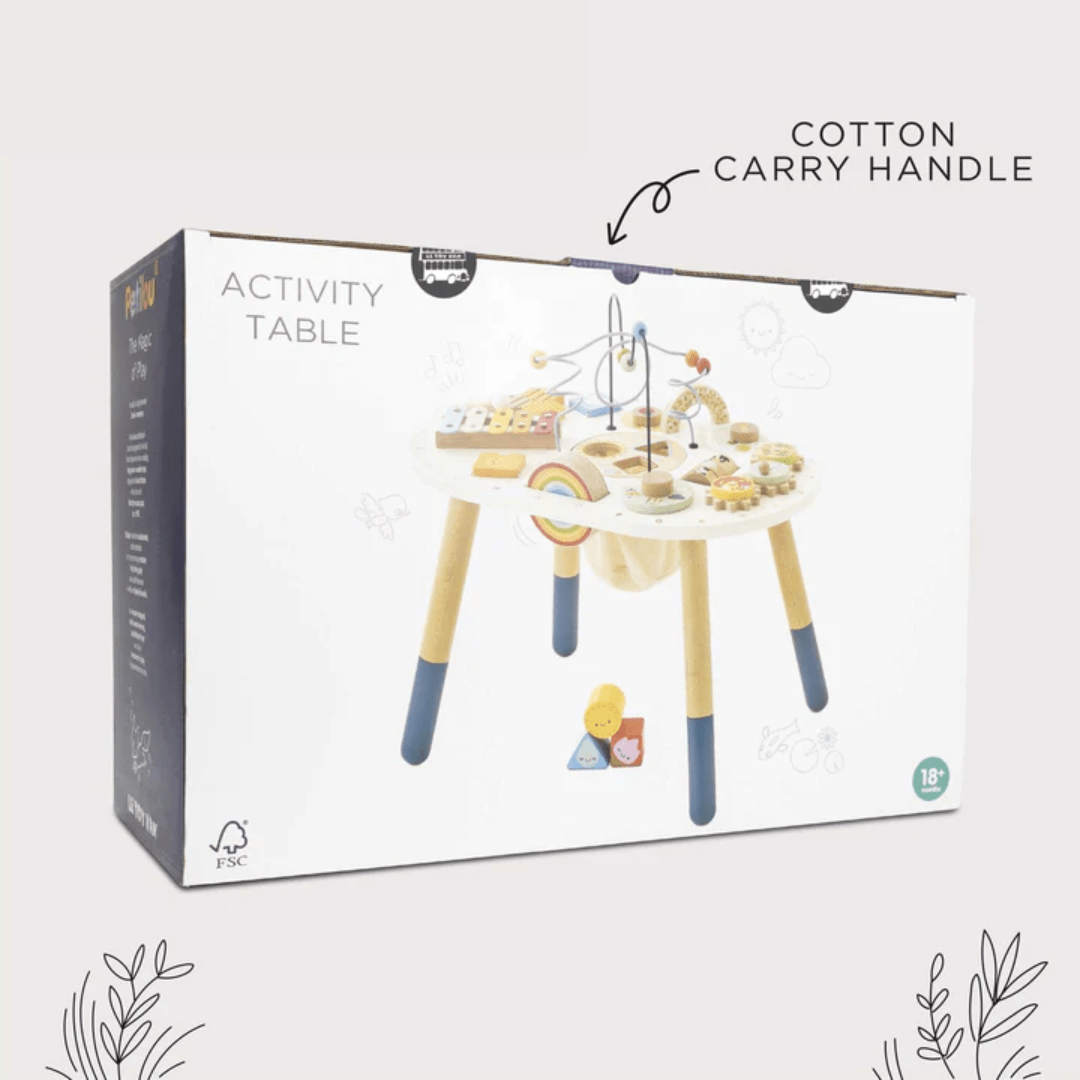 The Le Toy Van Activity Table, from the brand Le Toy Van, is an eco-friendly gift that features a cotton carry handle, making it a convenient sensory toy for toddlers.