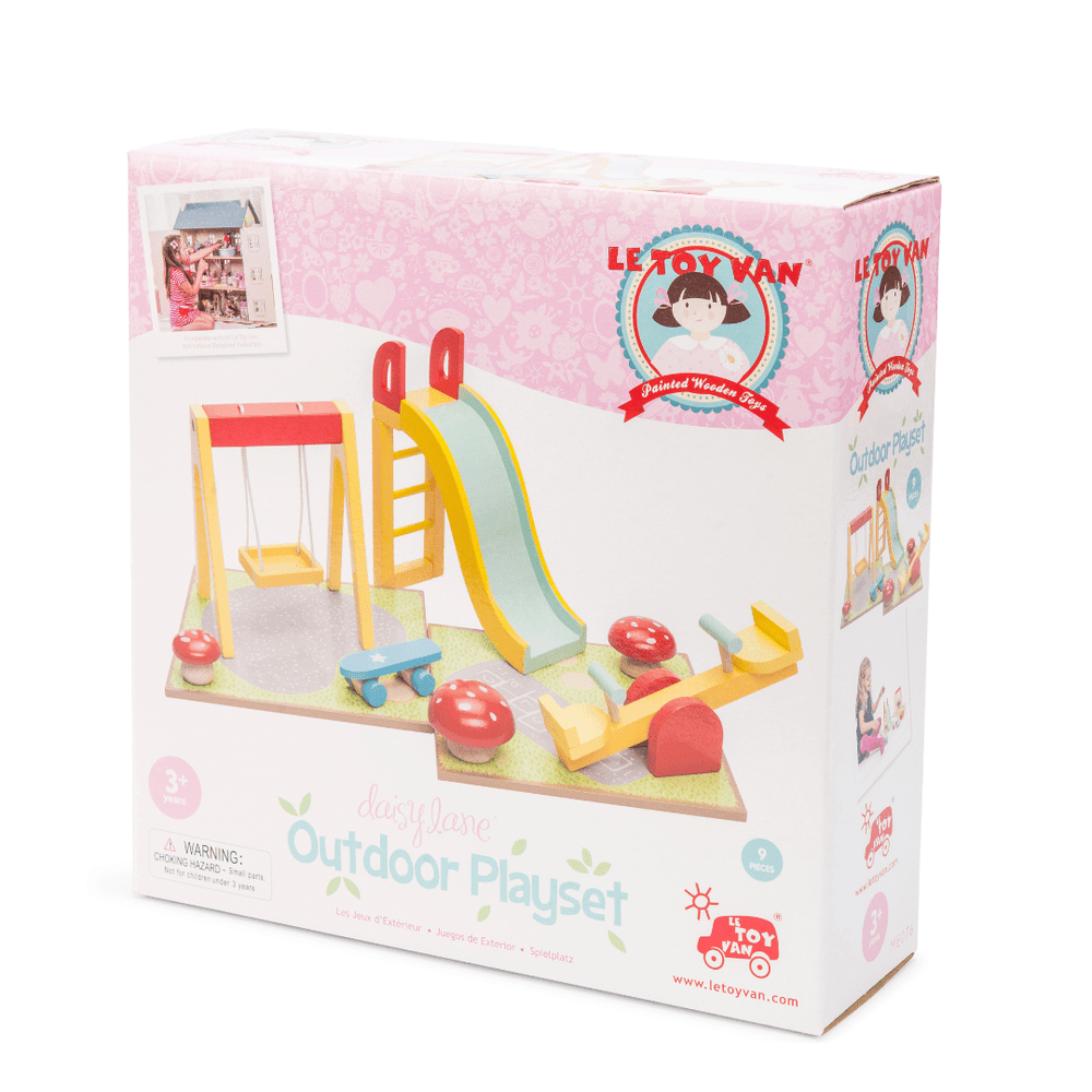 A Le Toy Van Outdoor Playset Dollhouse Furniture, inspired by Victoria and designed for outdoor use, showcases a slide and swing both crafted from solid rubberwood.
