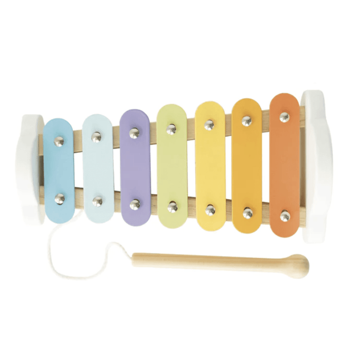 The Le Toy Van Xylophone With Metal Notes is an eco-friendly toy that promotes hand-eye coordination. This colorful wooden xylophone features a wooden handle for easy grip and play.