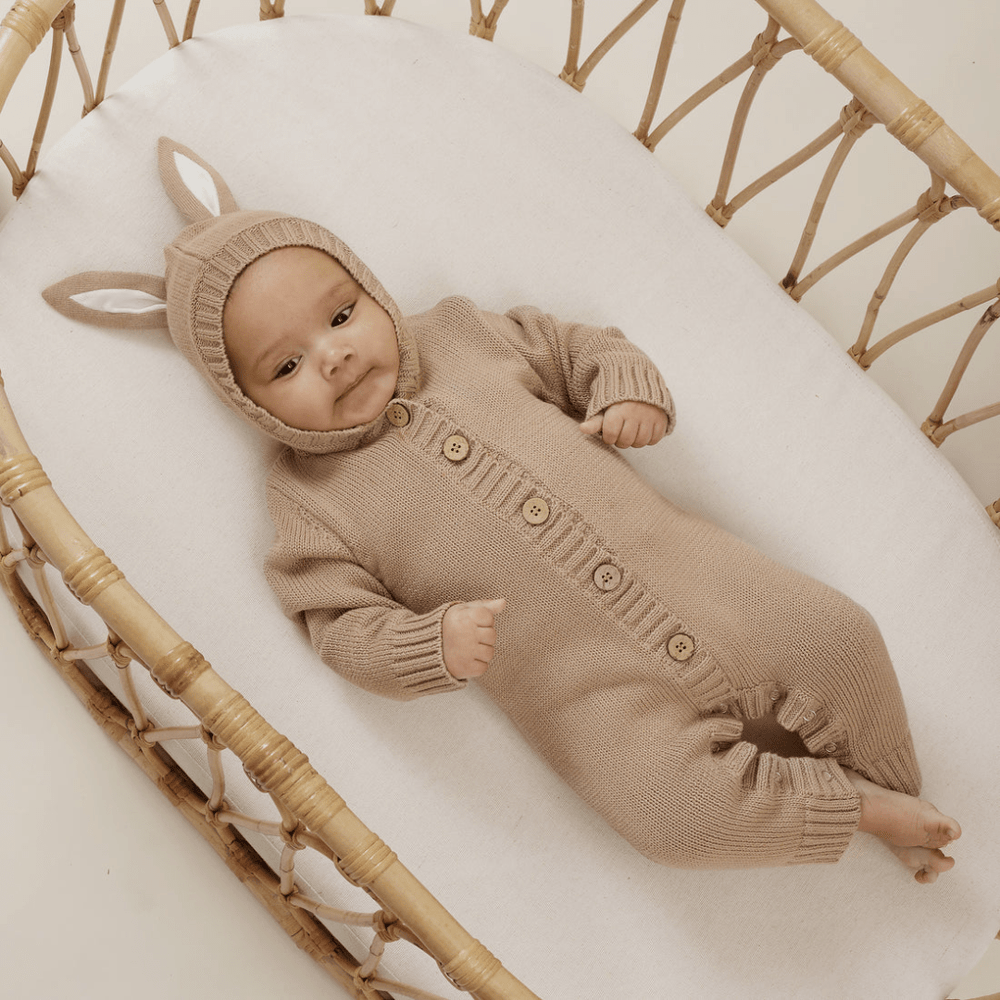 Little-Baby-Wearing-Aster-And-Oak-Organic-Bunny-Knit-Romper-Taupe-Naked-Baby-Eco-Boutique