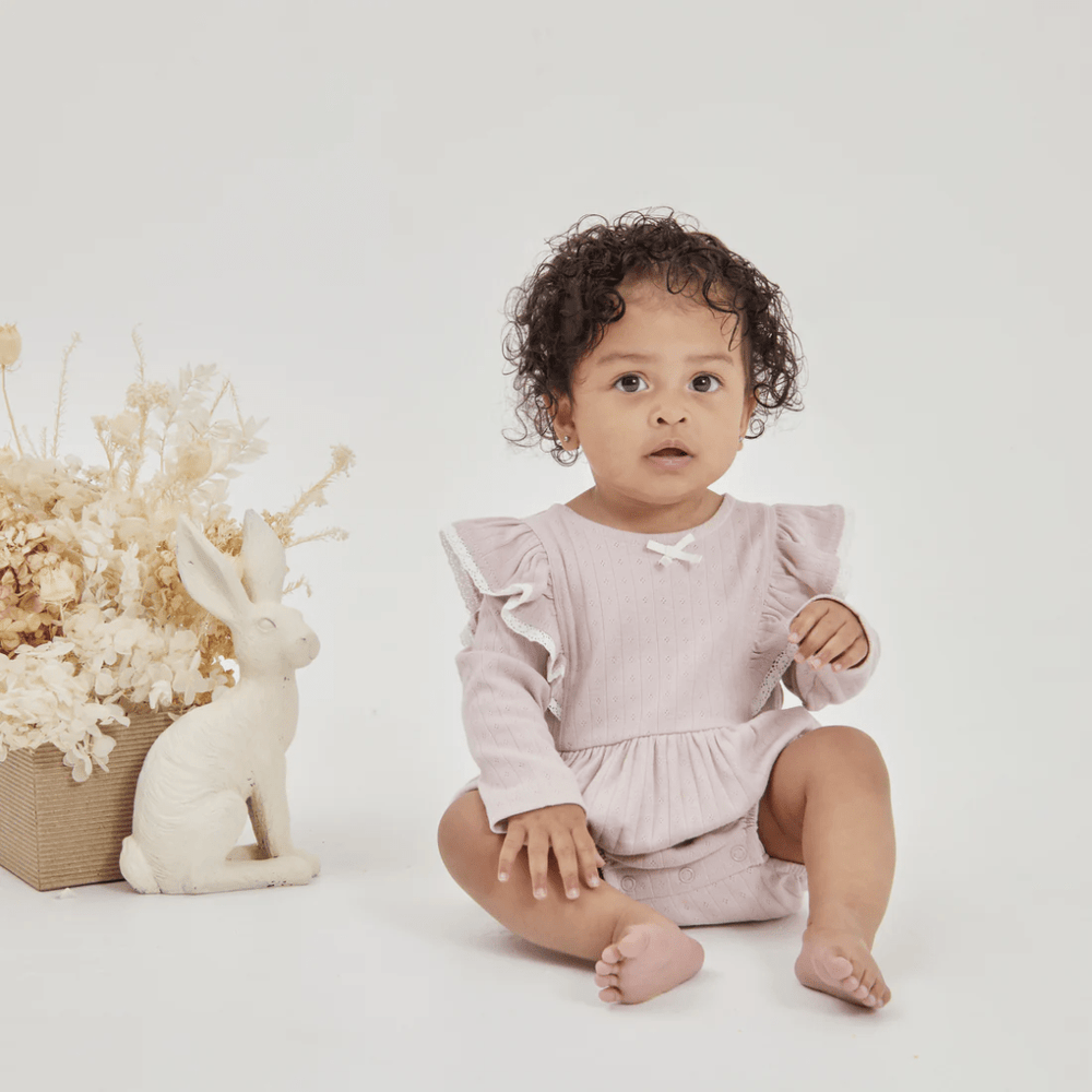 Little-Baby-Wearing-Aster-And-Oak-Organic-Violet-Ice-Bubble-Romper-Naked-Baby-Eco-Boutique