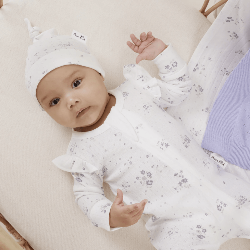 Little-Baby-Wearing-Matching-Outfit-With-Aster-And-Oak-Organic-Grace-Floral-Knot-Hat-Naked-Baby-Eco-Boutique