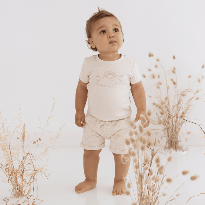 Little Boy Standing Among Dried Flowers Looking Up Wearing Aster and Oak Cloud Chaser Rib Tee