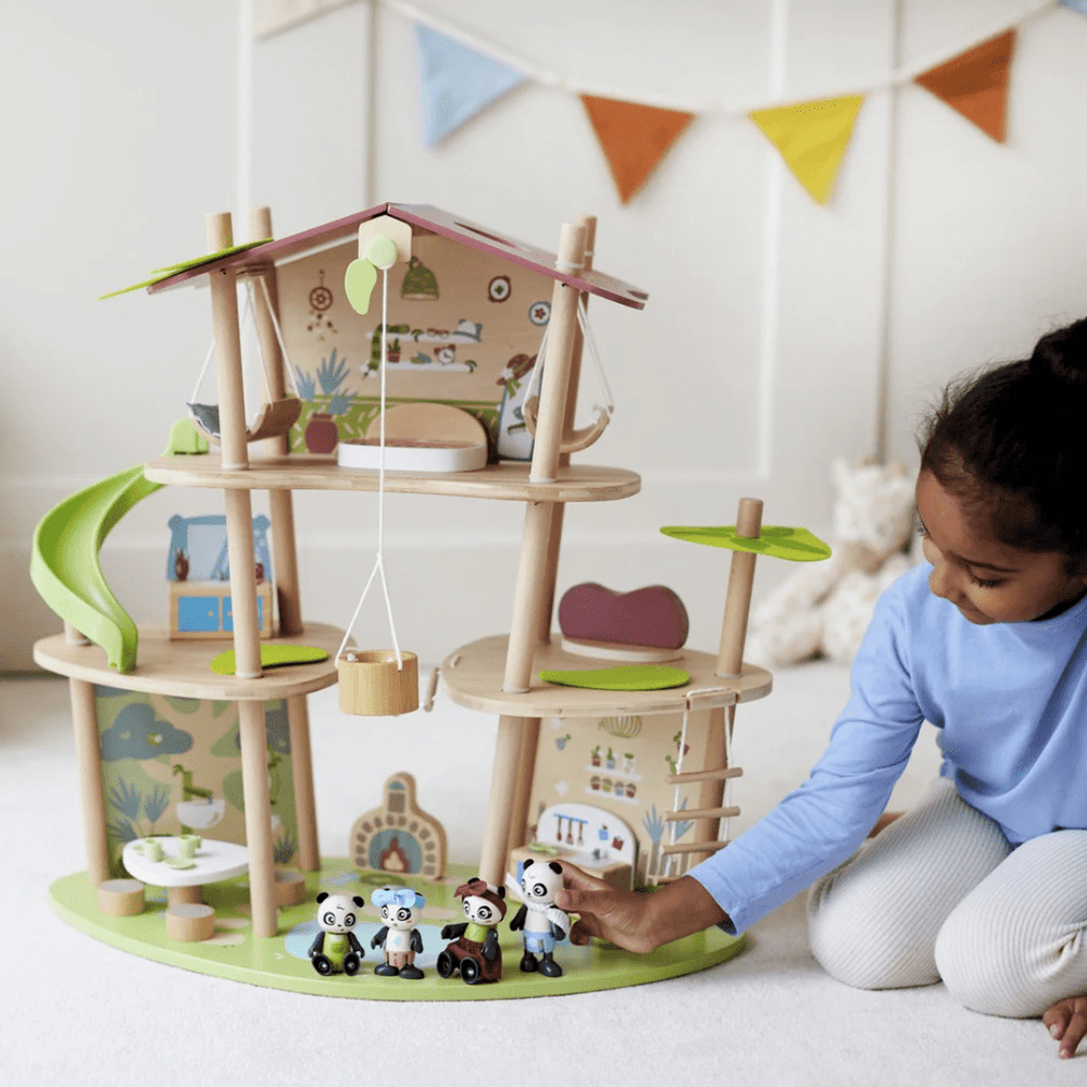 Little-Girl-Playing-With-Hape-Green-Planet-Pandas-Bamboo-House-Naked-Baby-Eco-Boutique