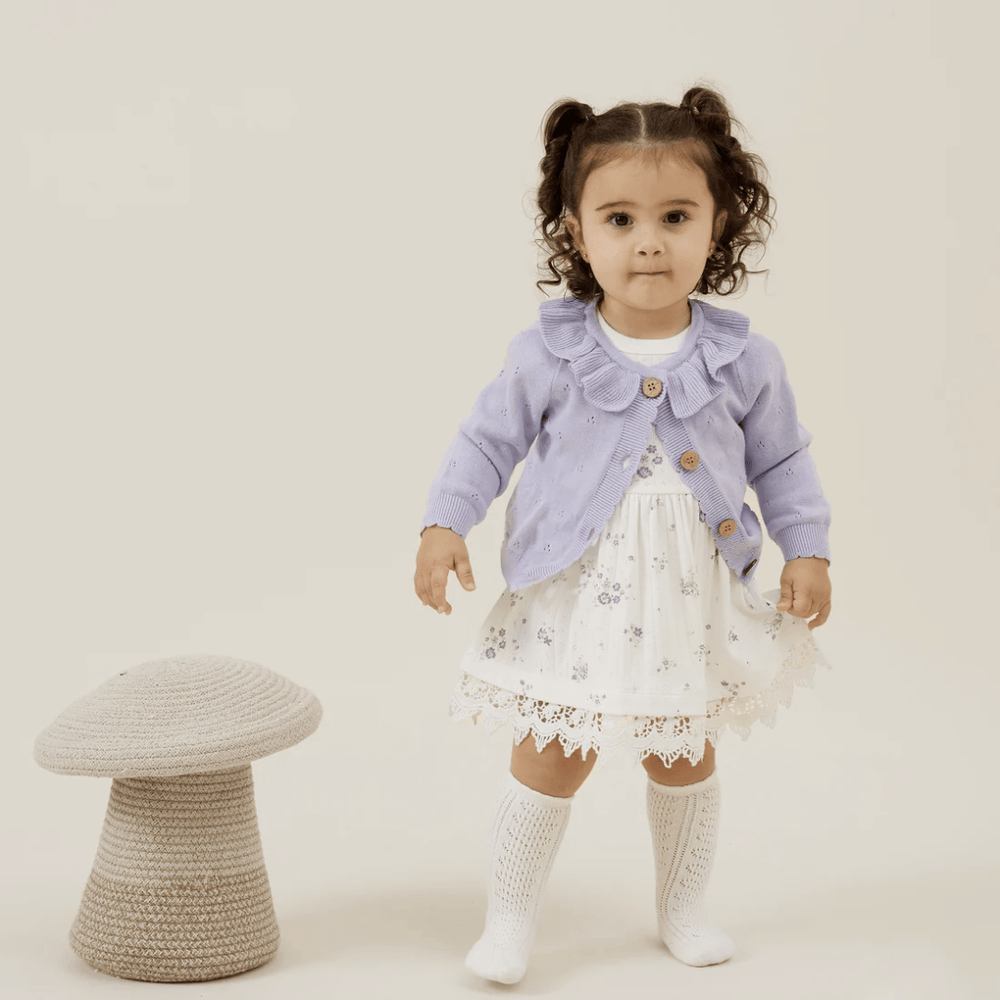 Little-Girl-Wearing-Aster-Oak-Organic-Lavender-Knit-Cardigan-Naked-Baby-Eco-Boutique