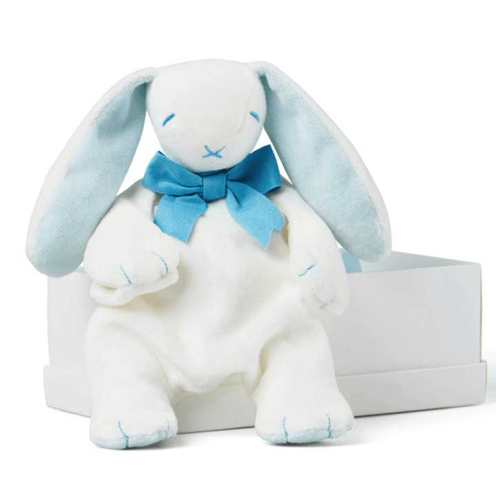 Maud-N-Lil-Organic-Bunny-Comforter-Blue-Sitting-on-Gift-Box-Naked-Baby-Eco-Boutique