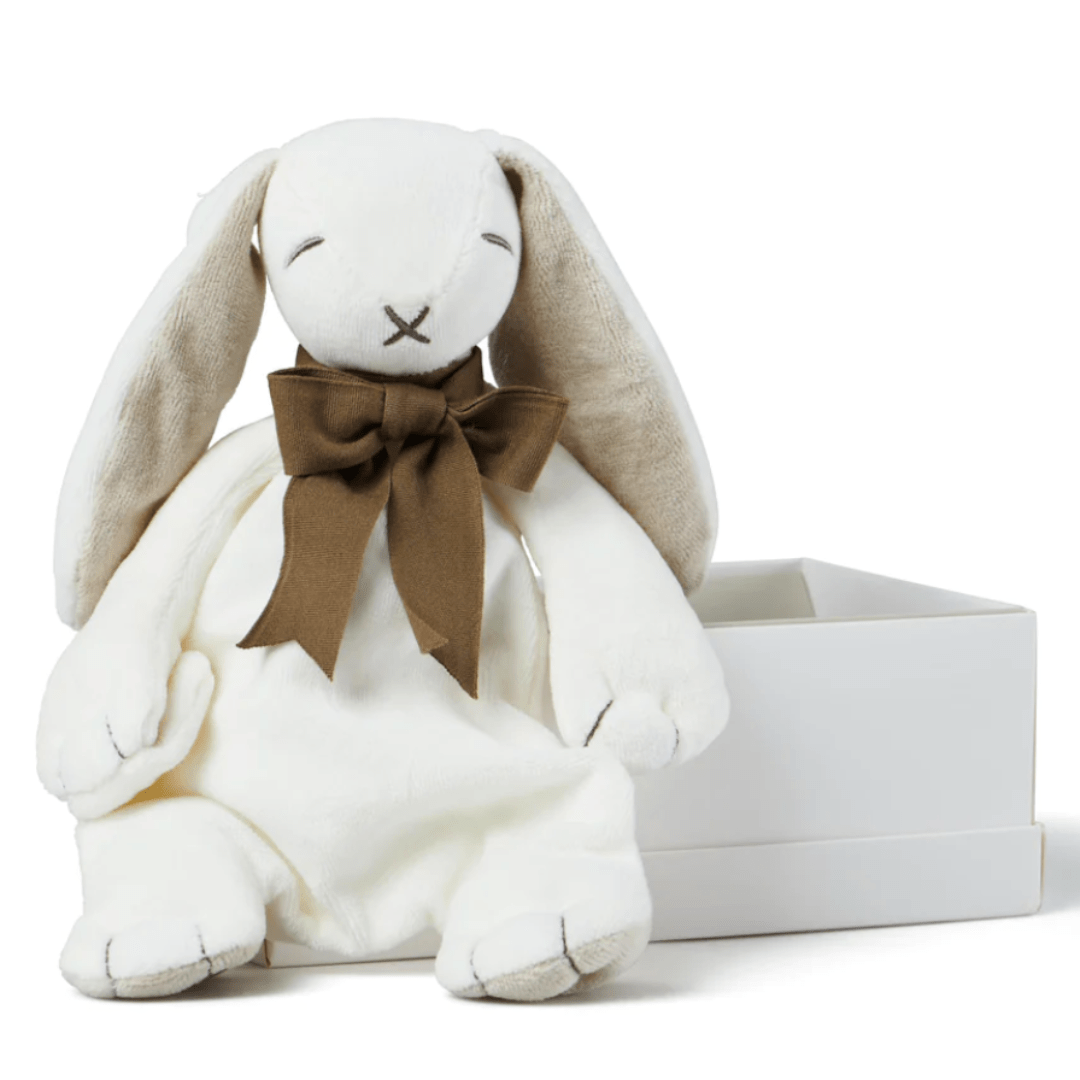 Maud-N-Lil-Organic-Bunny-Comforter-Grey-Sitting-on-Gift-Box-Naked-Baby-Eco-Boutique