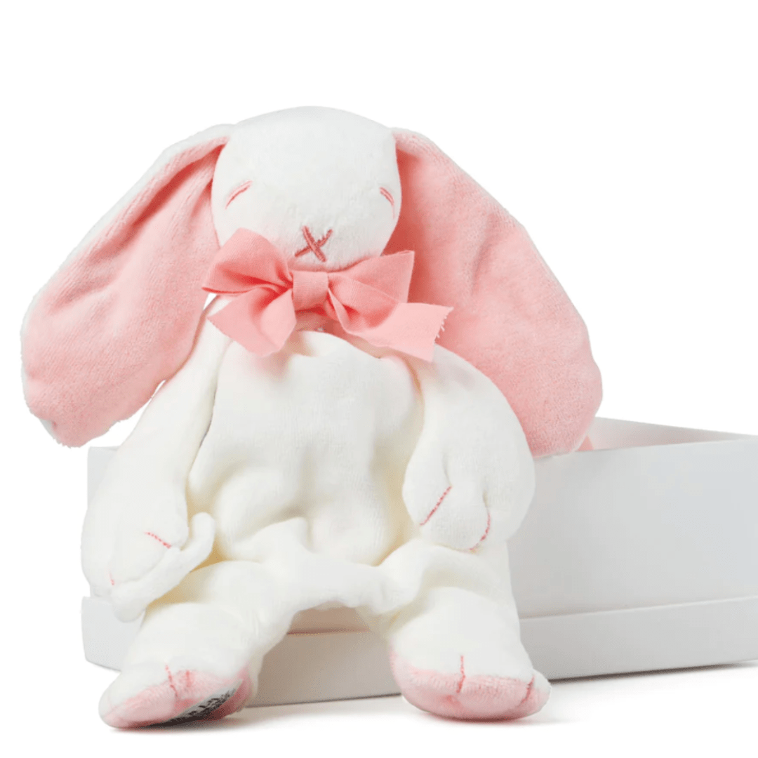 Maud-N-Lil-Organic-Bunny-Comforter-Pink-Sitting-on-Gift-Box-Naked-Baby-Eco-Boutique
