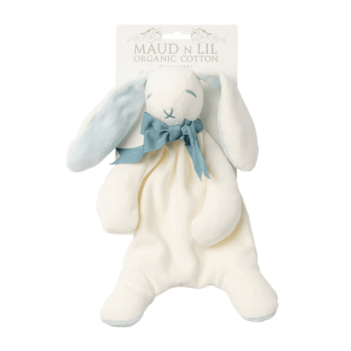 An Maud N Lil organic cotton bunny stuffed animal with a blue bow.
