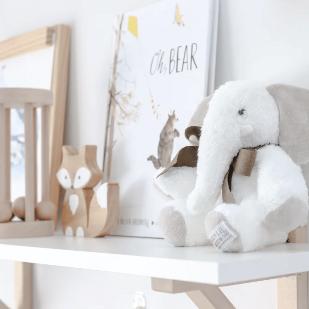 Maud-N-Lil-Organic-Elephant-Soft-Toy-On-Shelf-Naked-Baby-Eco-Boutique