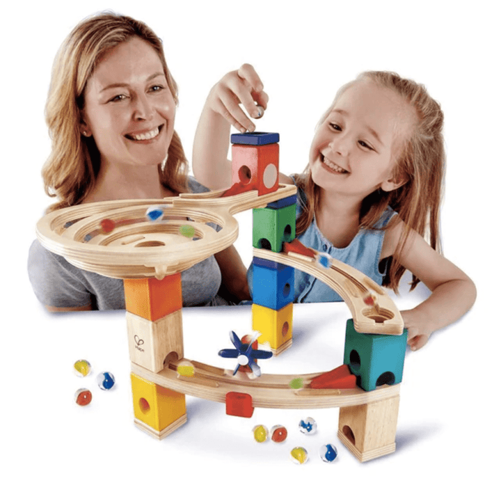 Mum-And-Daughter-Playing-Together-With-Hape-Quadrilla-Marble-Run-Race-To-The-Finish-Naked-Baby-Eco-Boutique