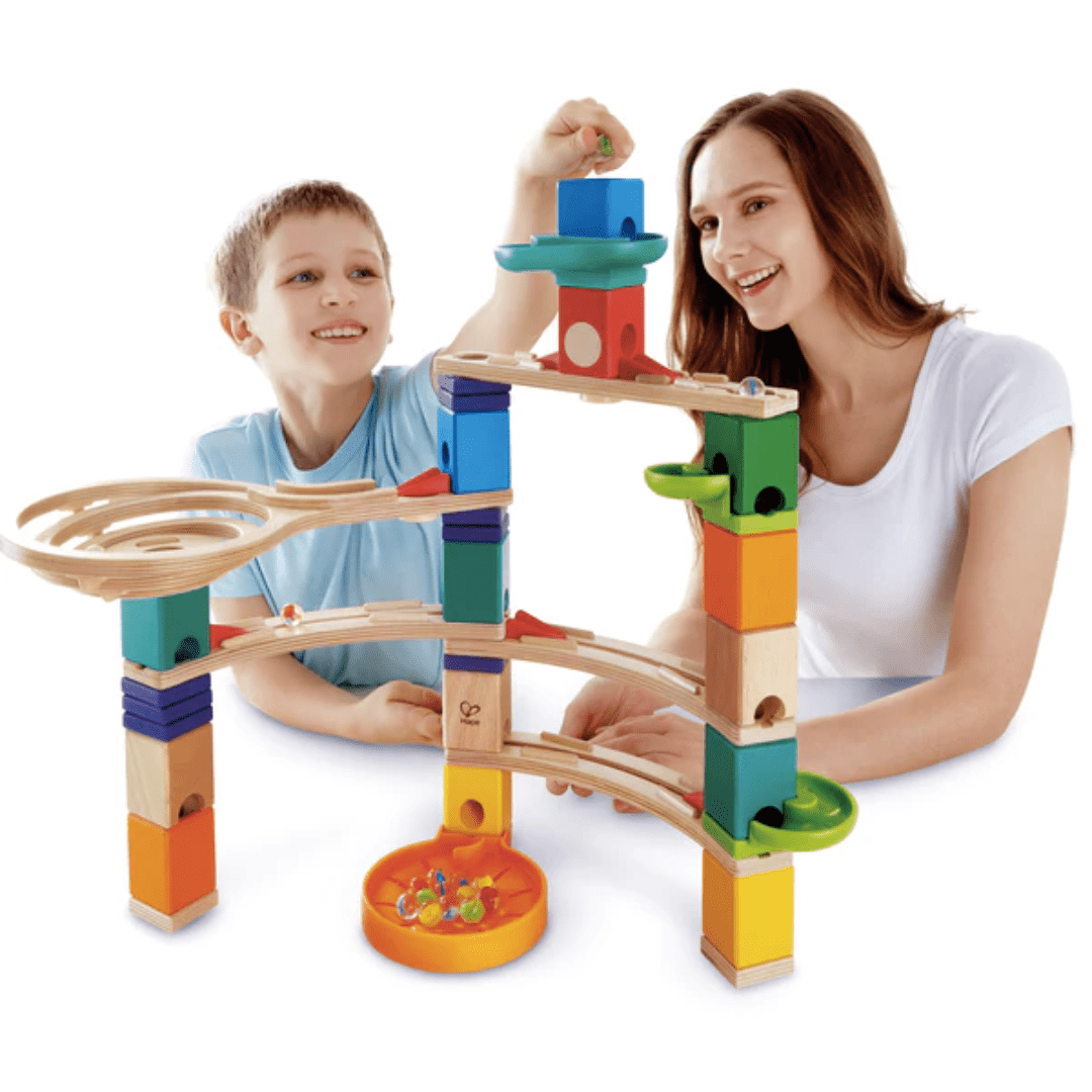 Mum-And-Son-Playing-Together-With-Hape-Quadrilla-Marble-Run-Cliffhanger-Naked-Baby-Eco-Boutique