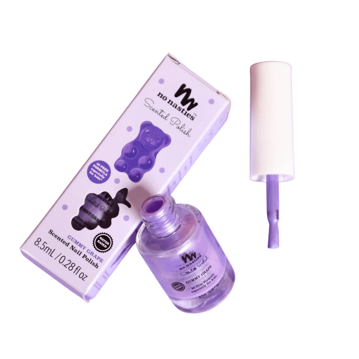 A bottle of No Nasties 20 FREE Kids Scented Nail Polish (Multiple Variants) made with non-toxic ingredients.