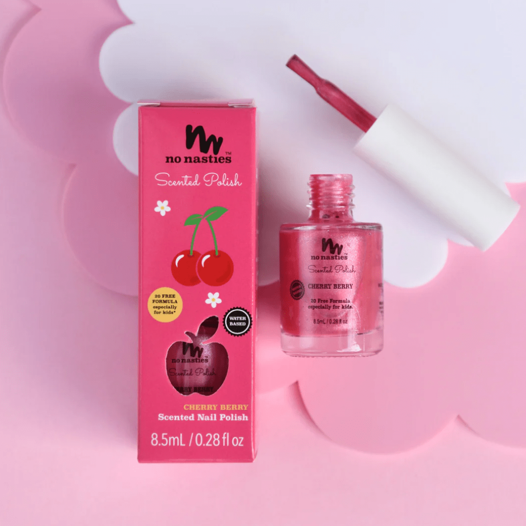 A No Nasties 20 FREE Kids Scented Nail Polish in a delightful pink shade, featuring a cherry on top; crafted with non-toxic ingredients and absolutely No Nasties.