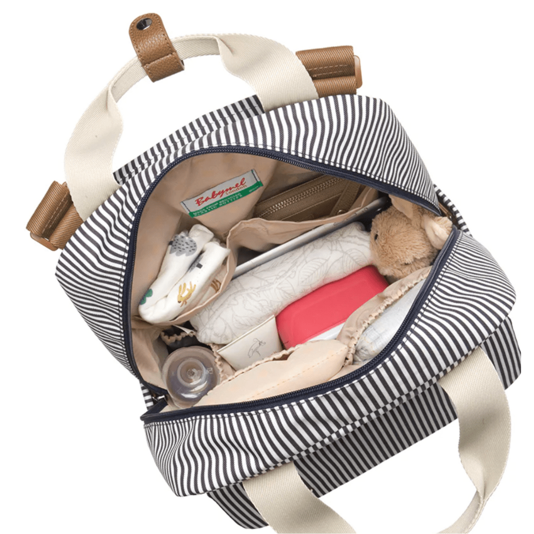 Open-Top-View-With-Contents-of-Babymel-Georgi-Eco-Convertible-Nappy-Backpack-Navy-Stripe-Naked-Baby-Eco-Boutique