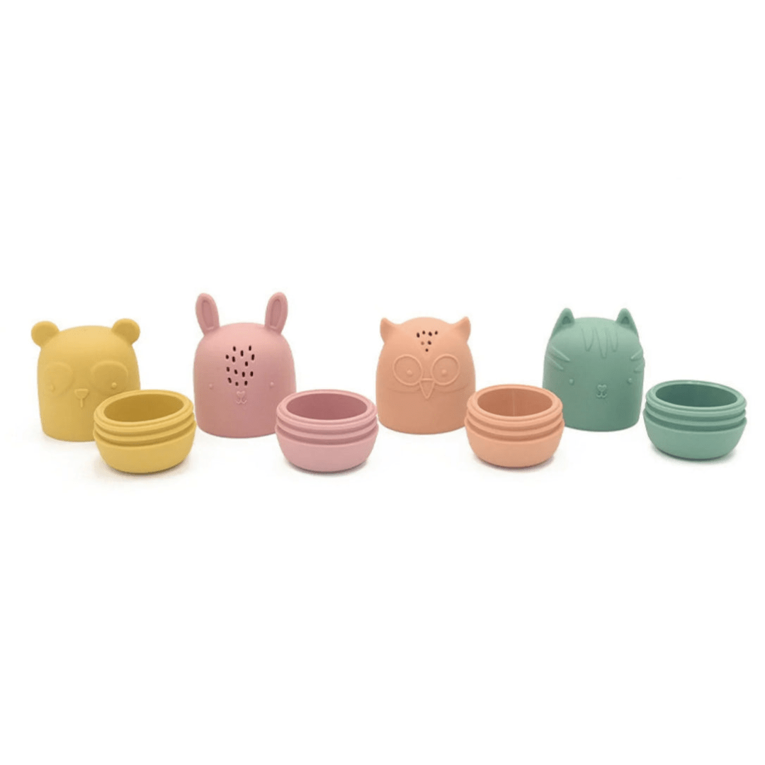 A set of Classical Child Silicone Bath Toys Set in different colors, perfect for fine motor skills development, by Petite Eats.