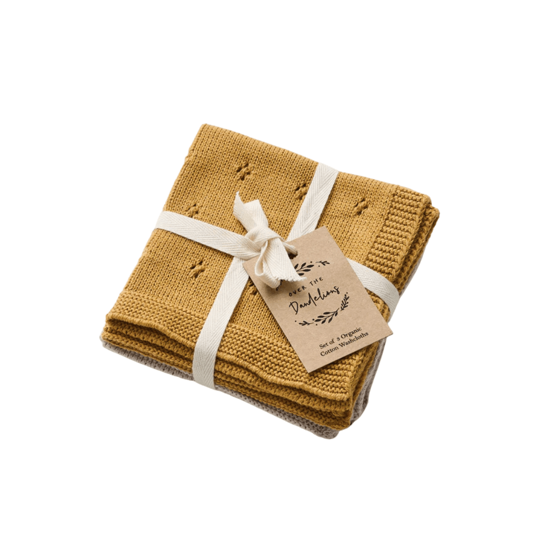 Sun Over the Dandelions Knitted Organic Cotton Washcloths - Set of 3 (Multiple Variants) - Naked Baby Eco Boutique