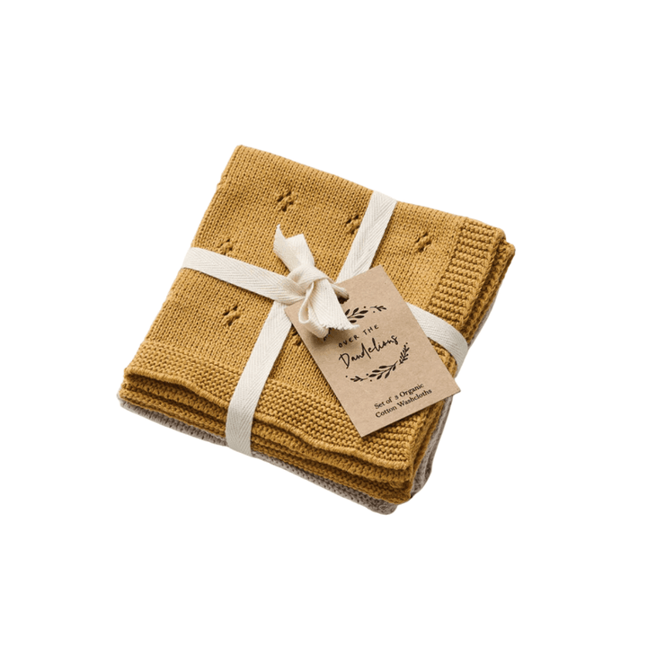Sun Over the Dandelions Knitted Organic Cotton Washcloths - Set of 3 (Multiple Variants) - Naked Baby Eco Boutique