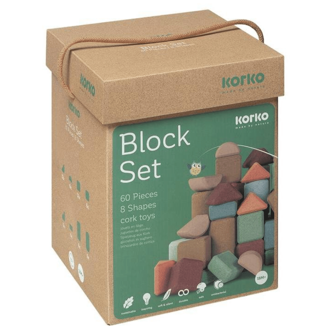 Korko cork block set in a sustainable cardboard box.