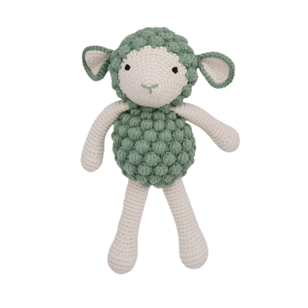 A Patti Oslo stuffed sheep toy made of organic cotton on a white background.